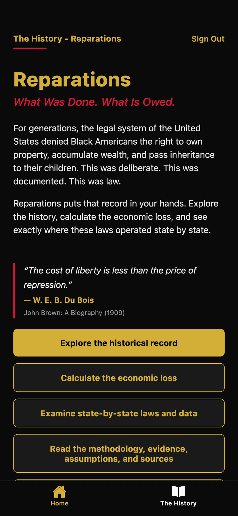 The History – Reparations home screen — entry to the historical record and analysis