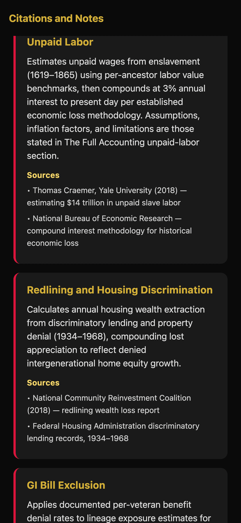 The History – Reparations methodology and cited evidence